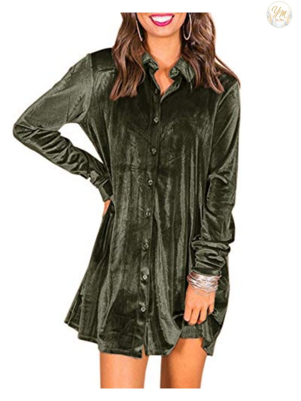 Women's Velvet Shift Dress with Pockets Button Down Long Sleeve Tunic
